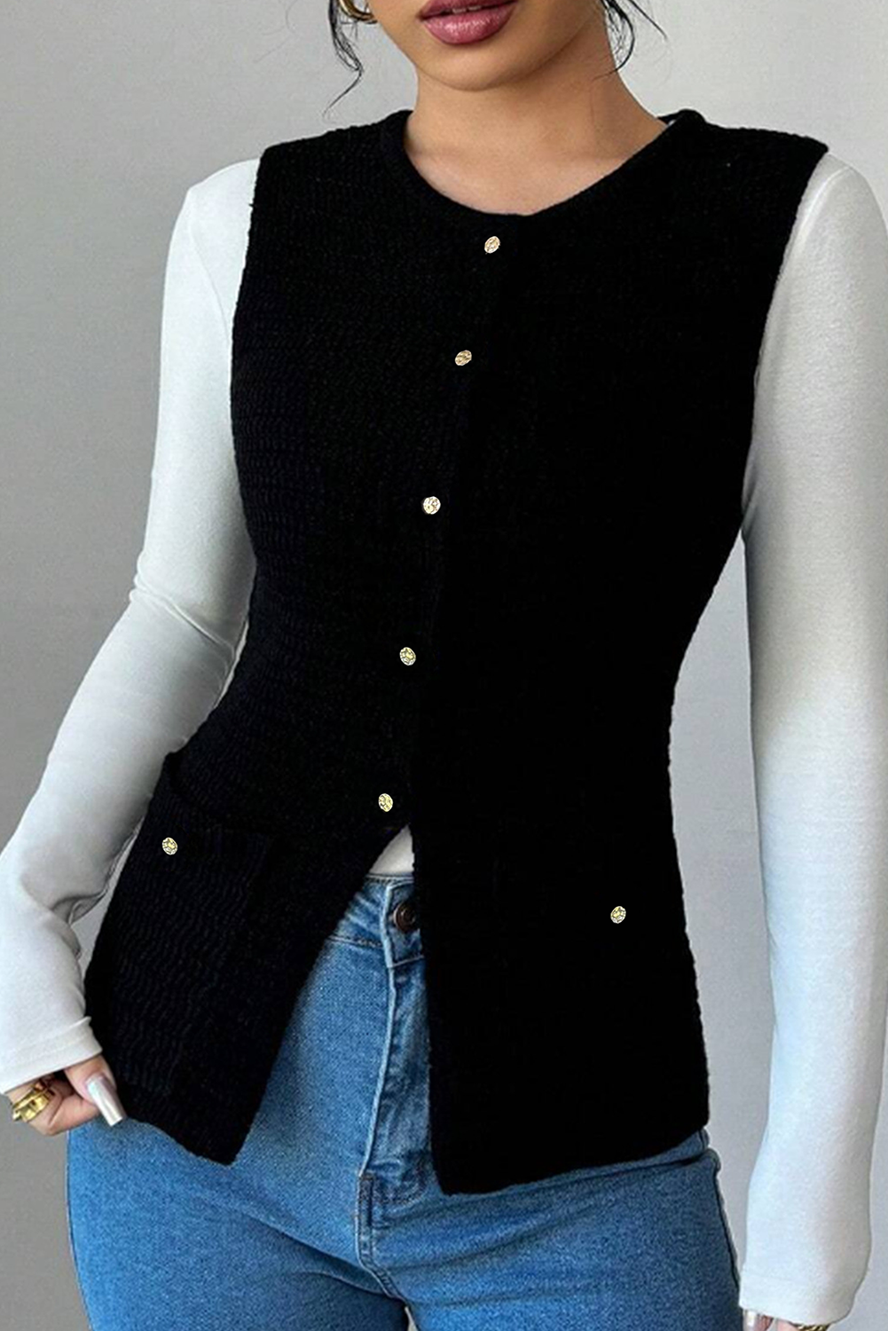 Black Button Up Round Neck Sleeveless Knit Top
