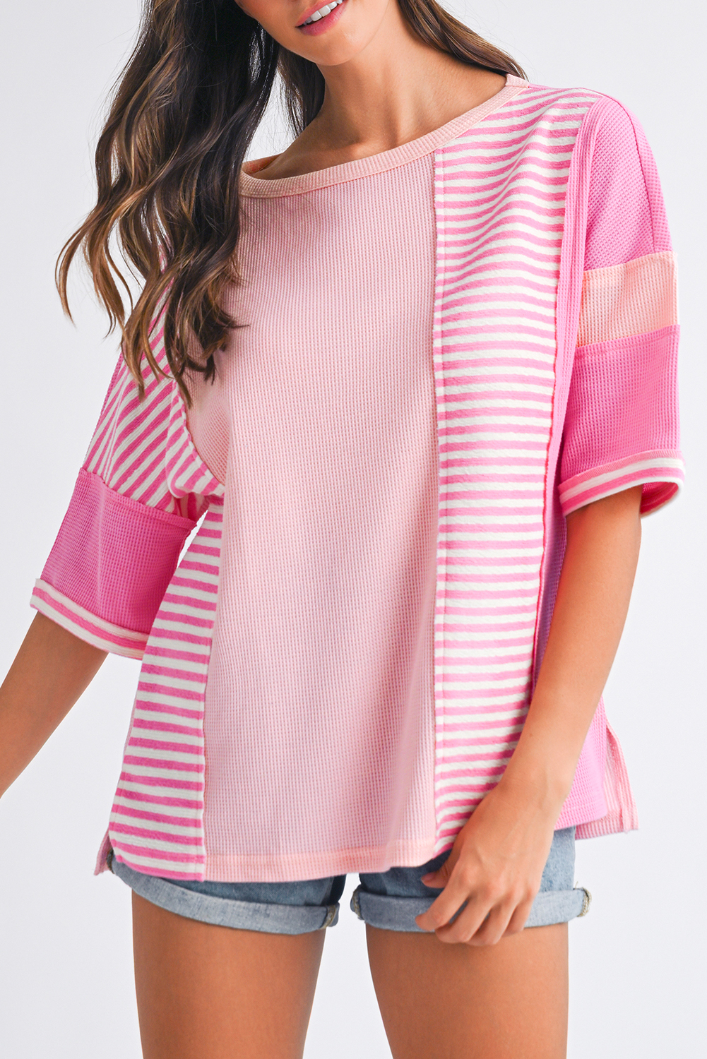Shewin Wholesale Apparel Pink Stripe Waffle Patchwork Loose T-SHIRT