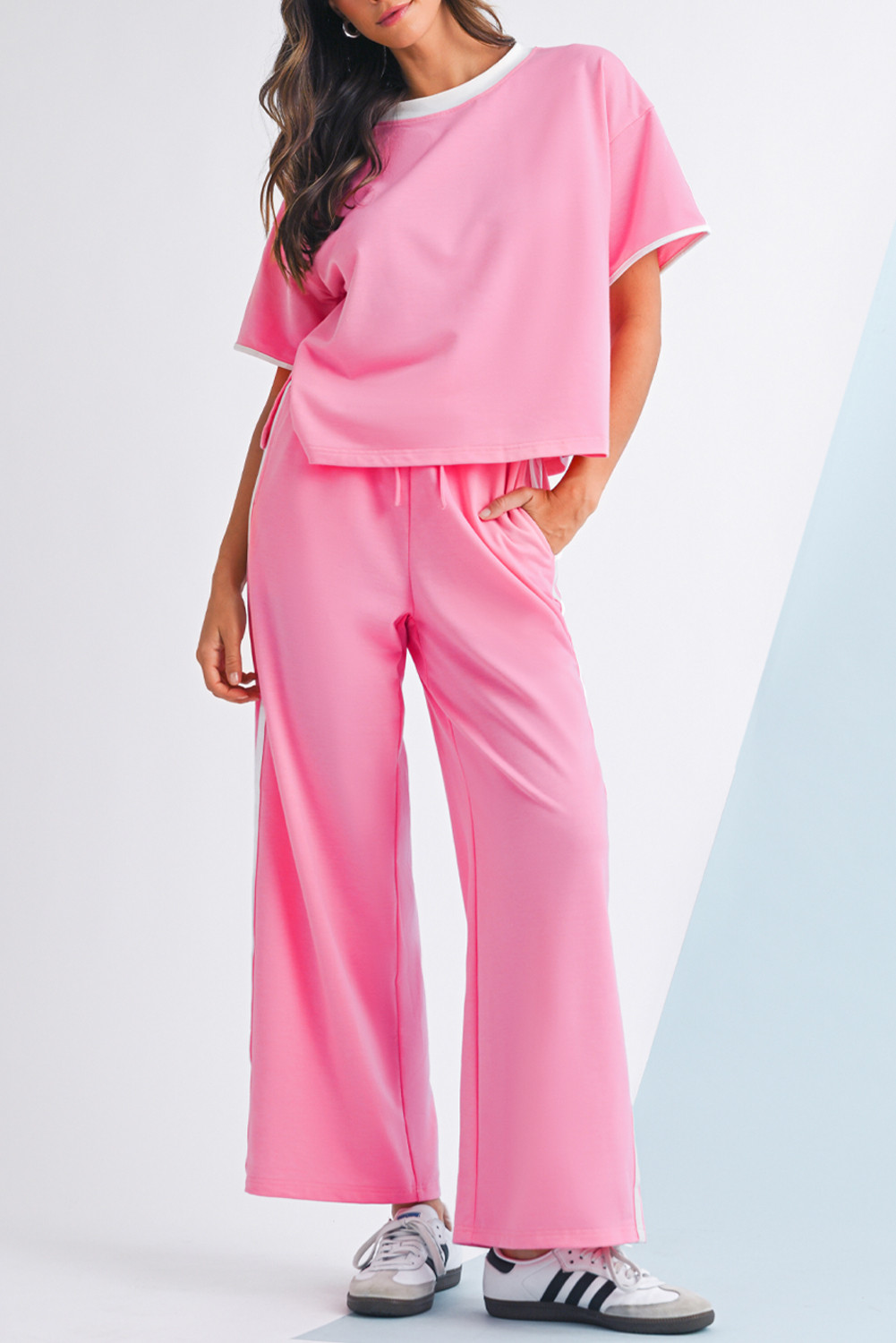 Sachet Pink Colorblock Loose Tee and Pocket Pants Set