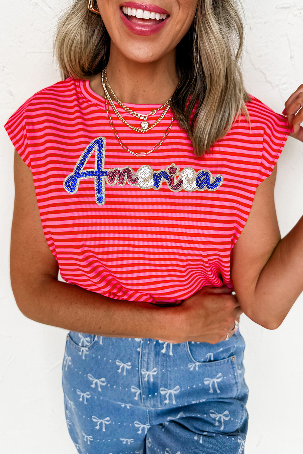 Shewin WholesAle High QuAlity Red Stripe Sequin AmericA PAtriotic T Shirt