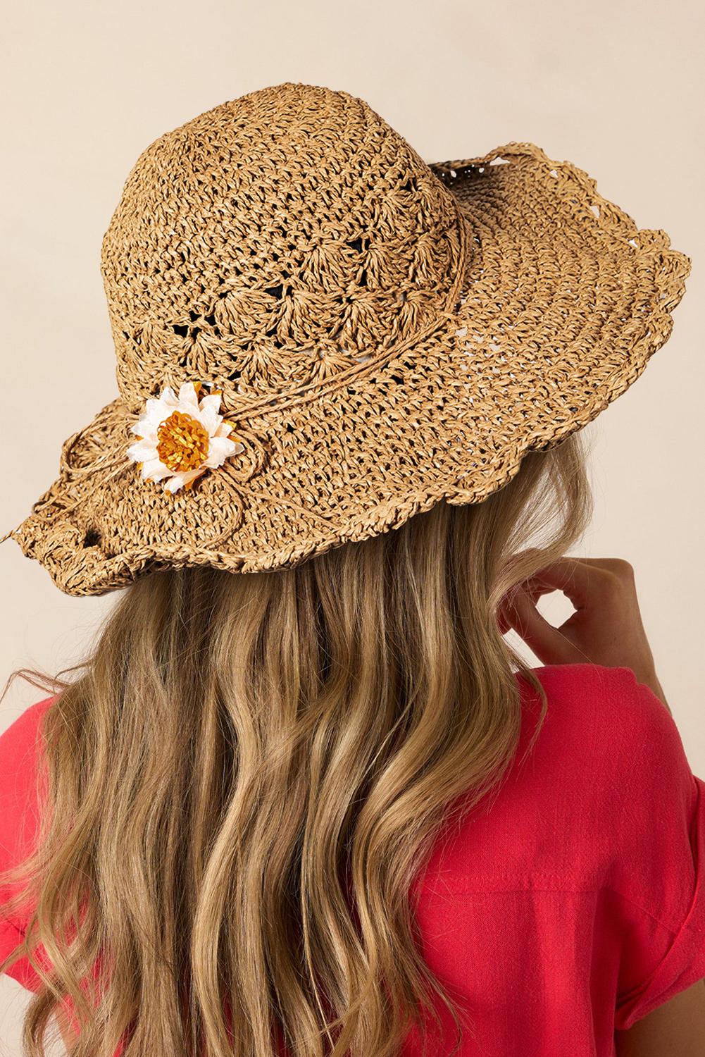 Shewin Wholesale High Quality Camel Boho Flower Woven Sun HAT