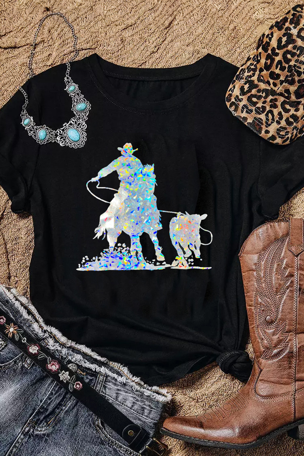Black Western Cowboy Graphic Crewneck Tee