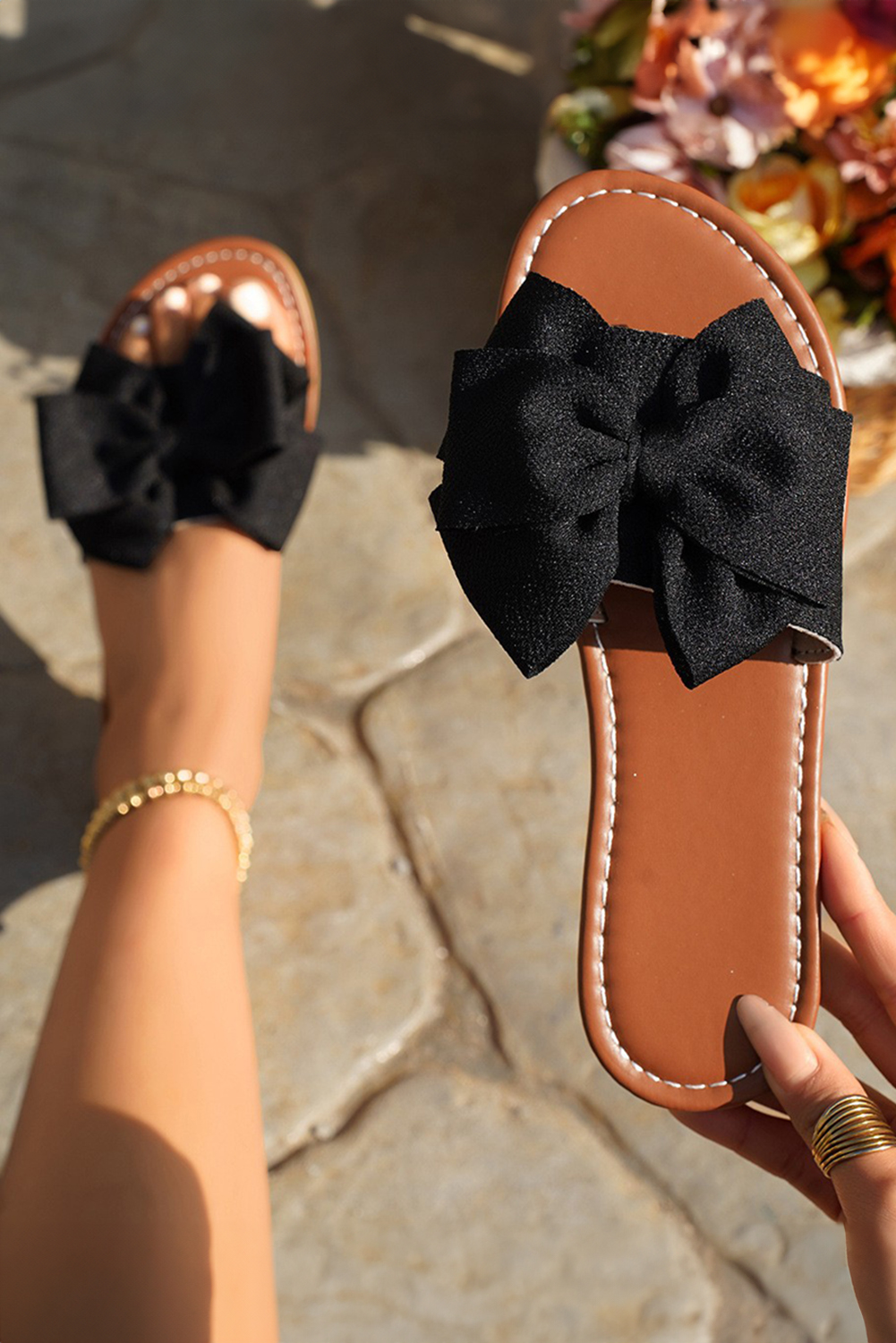 Shewin Wholesale Cheap Black Bow Decor Summer Flat Slippers