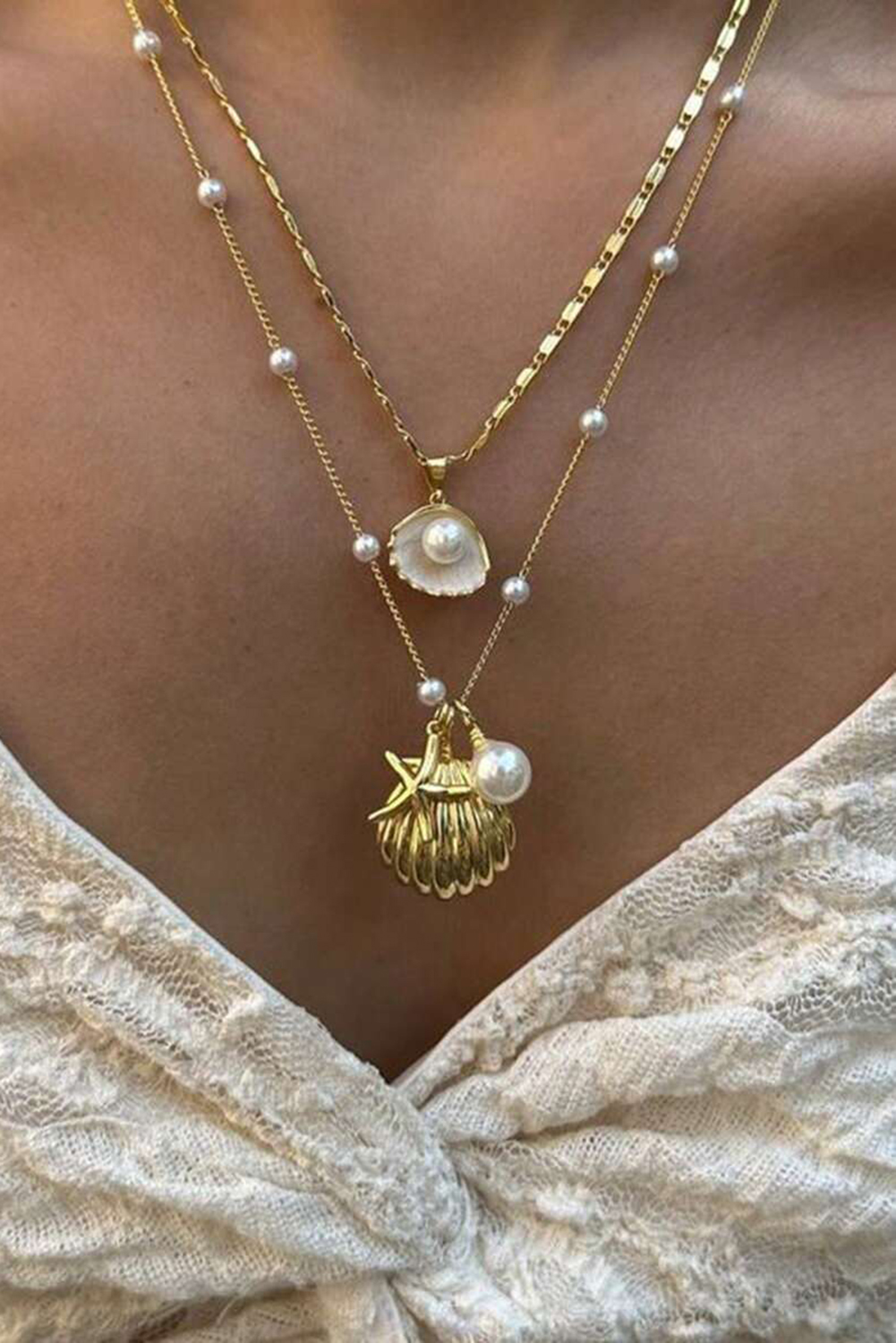 Shewin Wholesale Cheap Gold Shell PEARL 2pcs Necklace Set