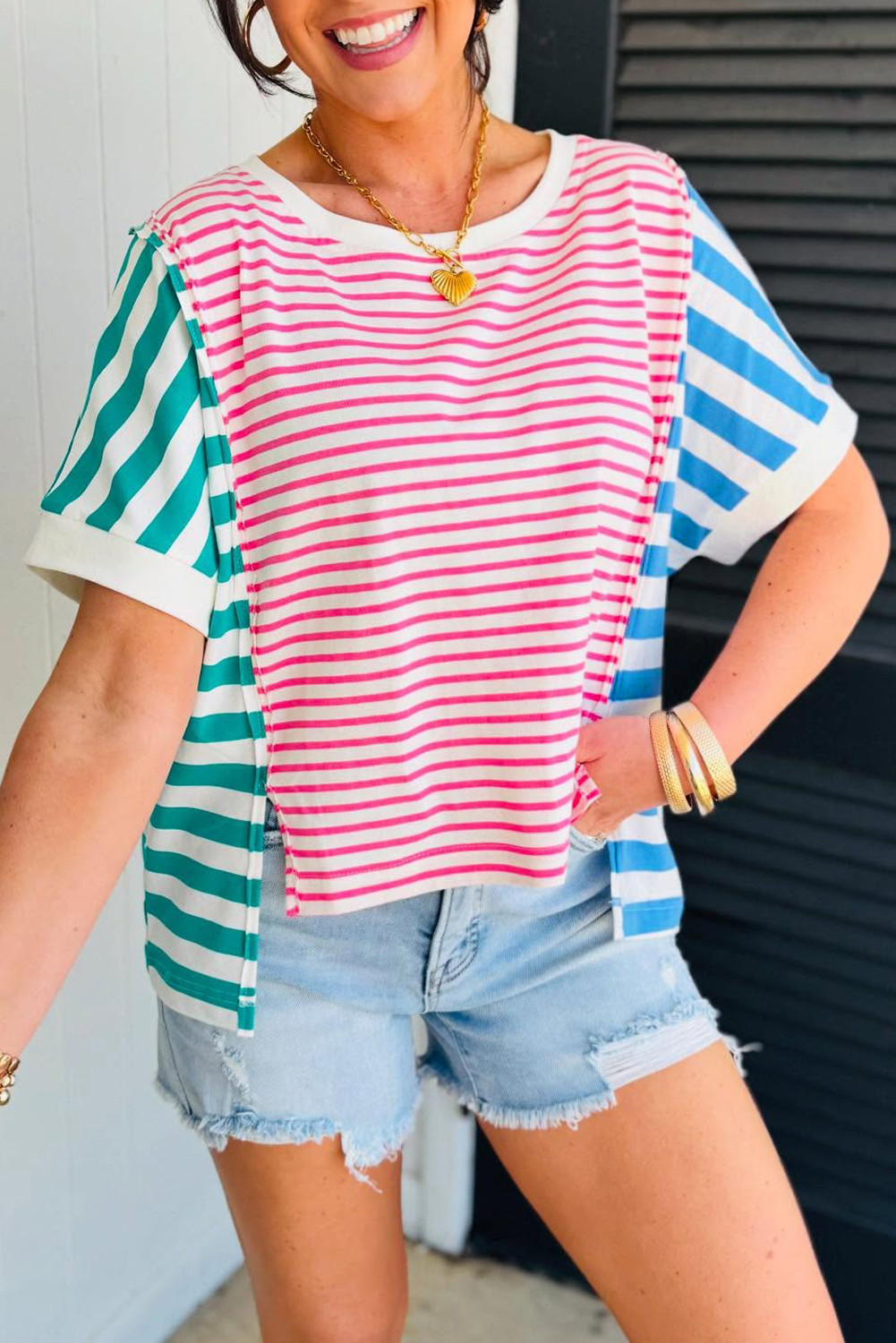 Pink Striped Patchwork Exposed Seam Loose Tee