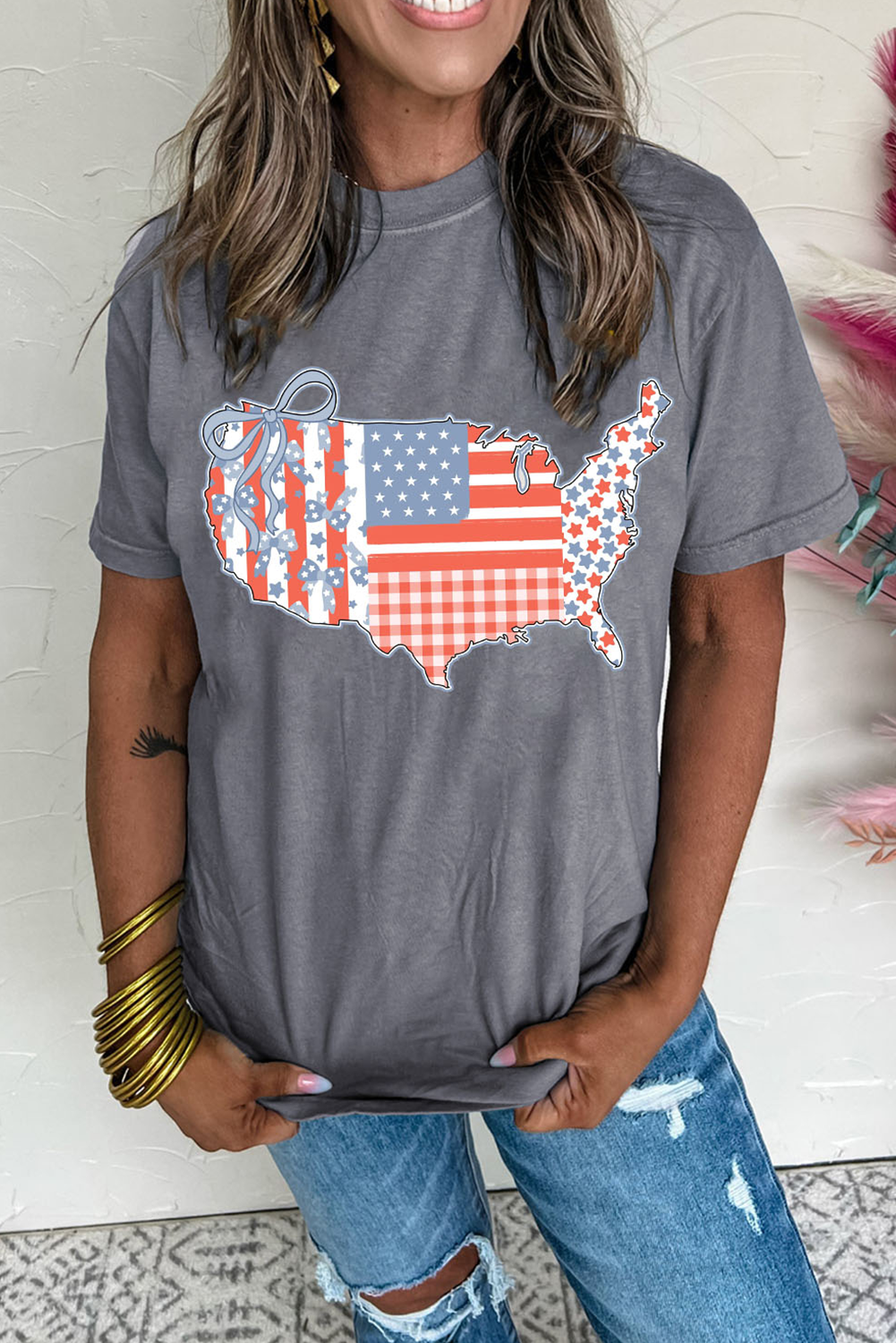 Shewin Wholesale Cheap Gray American FLAG Bow Map Graphic Tee
