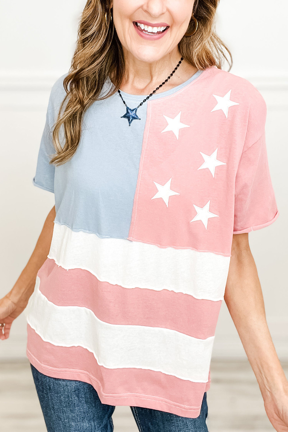 Pink Stars and Stripes Print Independence Day T Shirt