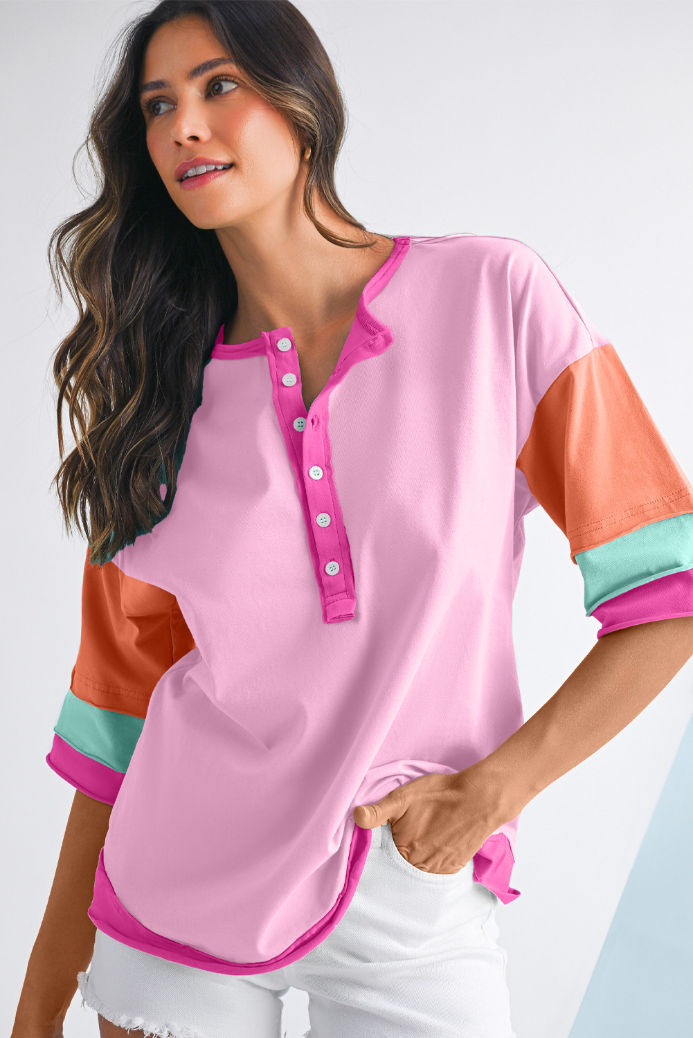 Pink Colorblock Half Sleeve Henley Top