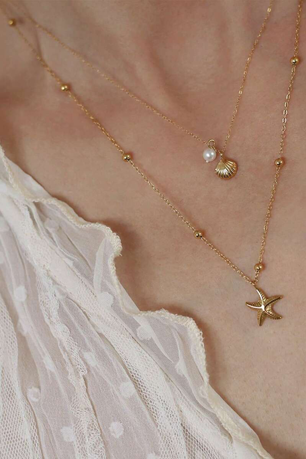 Shewin Wholesale Cheap GOLD Starfish Shell Pearl Pendant Double Layer Chain Necklace