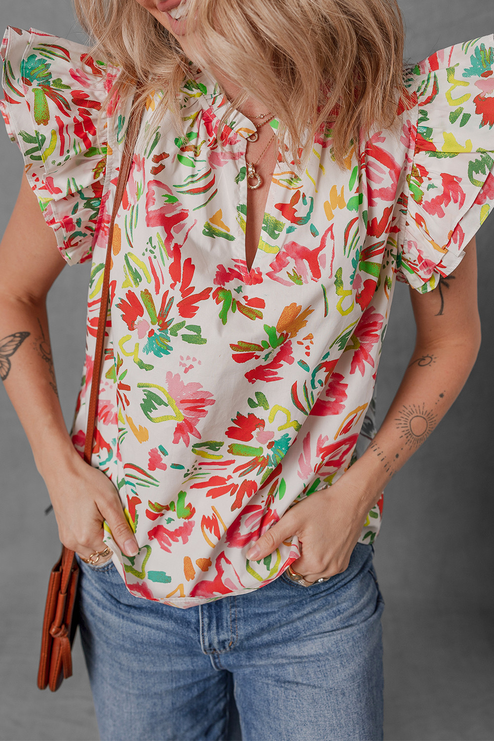 Multicolour Allover Floral Print Flutter Sleeve Split Neck Blouse