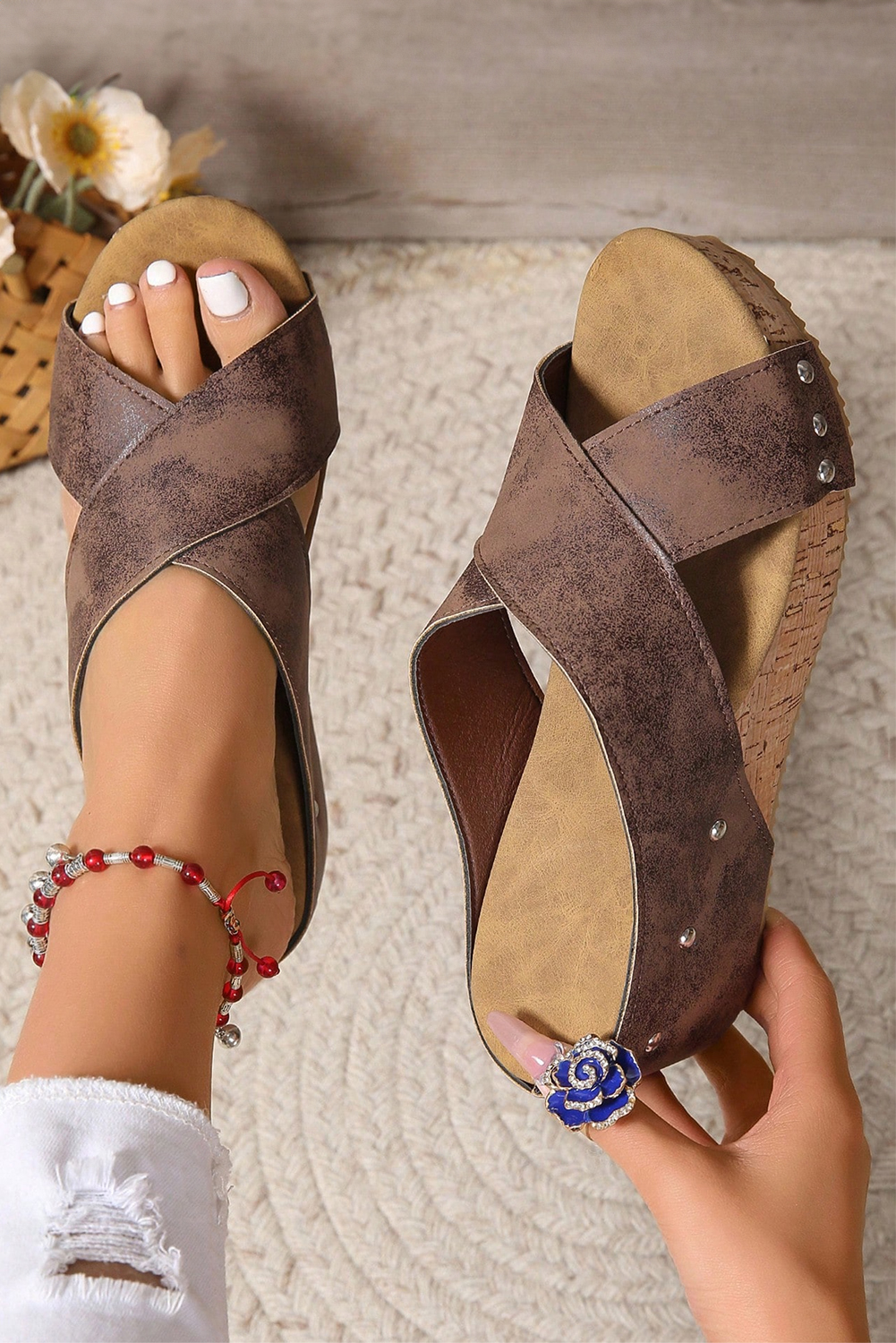 Shewin Wholesale Vendors Coffee Criss Cross Studded Wedge Slippers