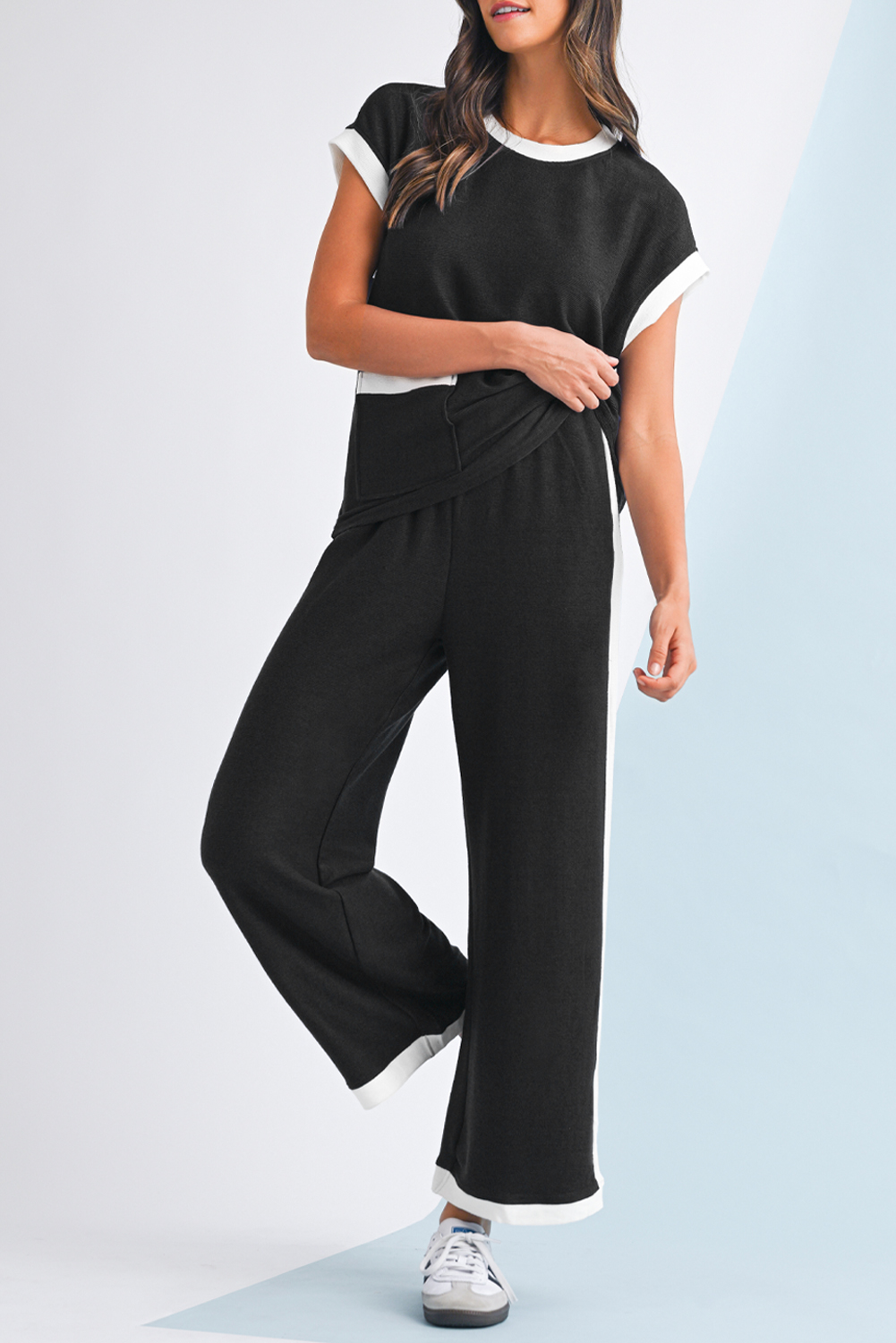 Shewin Wholesale Boutique Black Contrast Trim Pocket T Shirt and Wide Leg PANTS Set