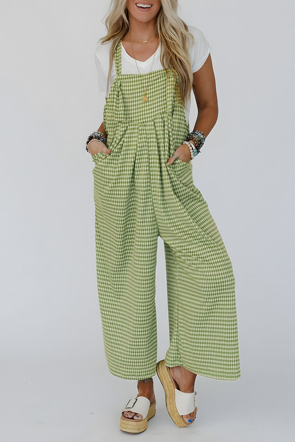 Green Gingham Wide Leg Pockets Loose Overall