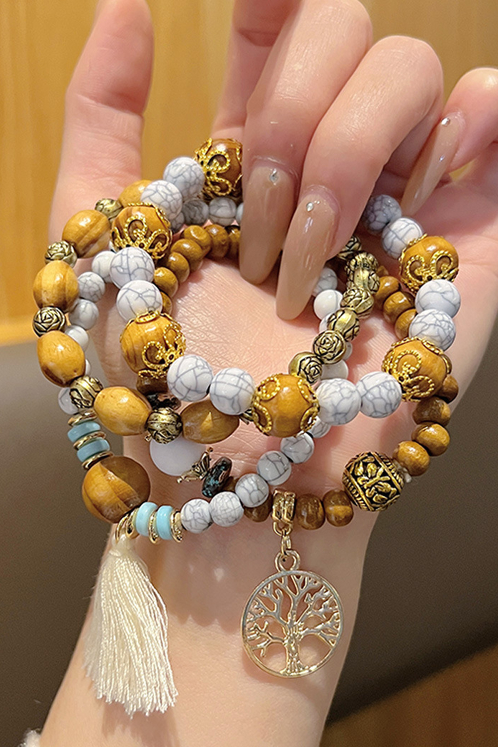 Shewin Wholesale Cheap Thai Curry Boho Tassel Beaded Fortune BRACELET Set
