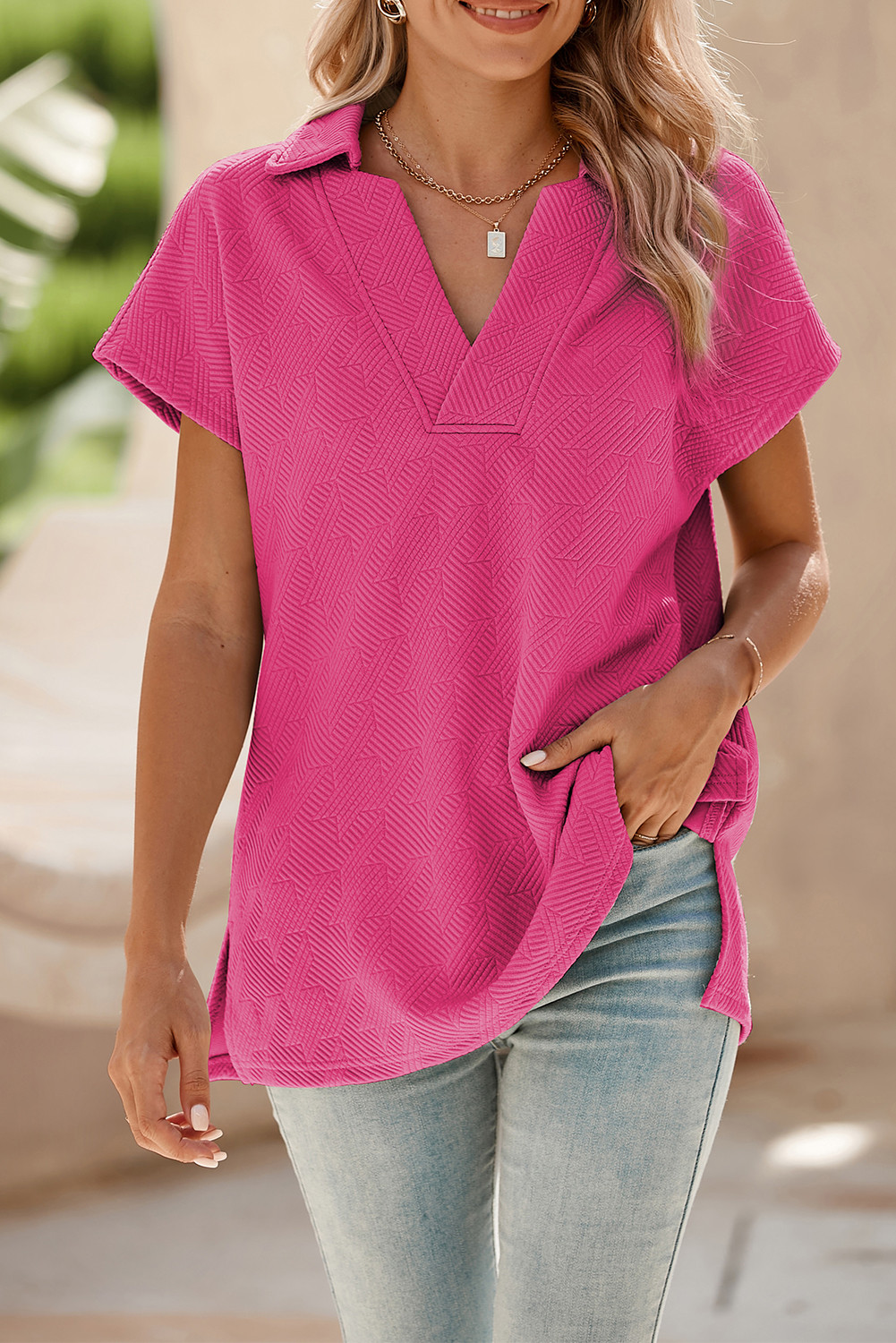 Rose Red Textured Collared V Neck Slit Hem T Shirt