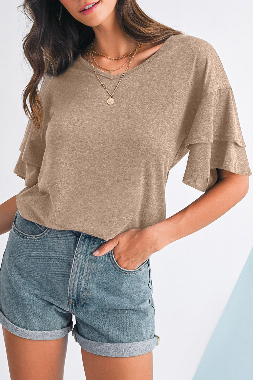 Dune Solid Color V Neck Double Layer Sleeve Loose T-Shirt