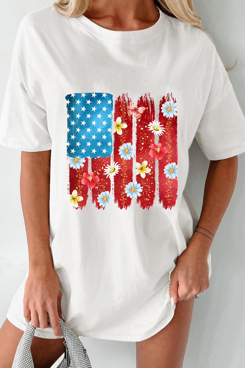 Shewin Wholesale Vendors White USA FLAG Floral Print July 4th T Shirt
