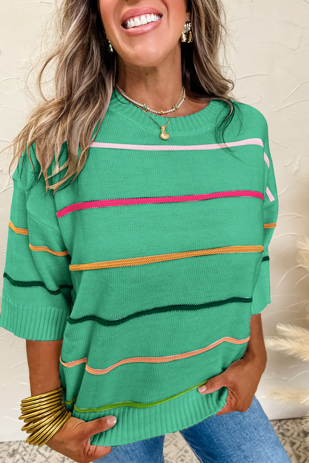 Shewin Wholesale Customized Green Striped Half Sleeve Drop Shoulder SWEATER