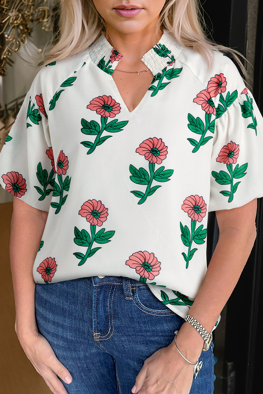 Beige Floral Print Split Neck Short Sleeve Blouse