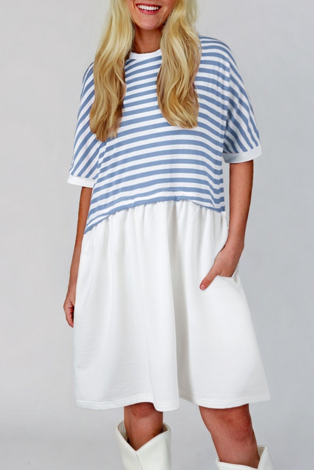 Sky Blue Stripe Colorblock Half sleeve Mini Dress