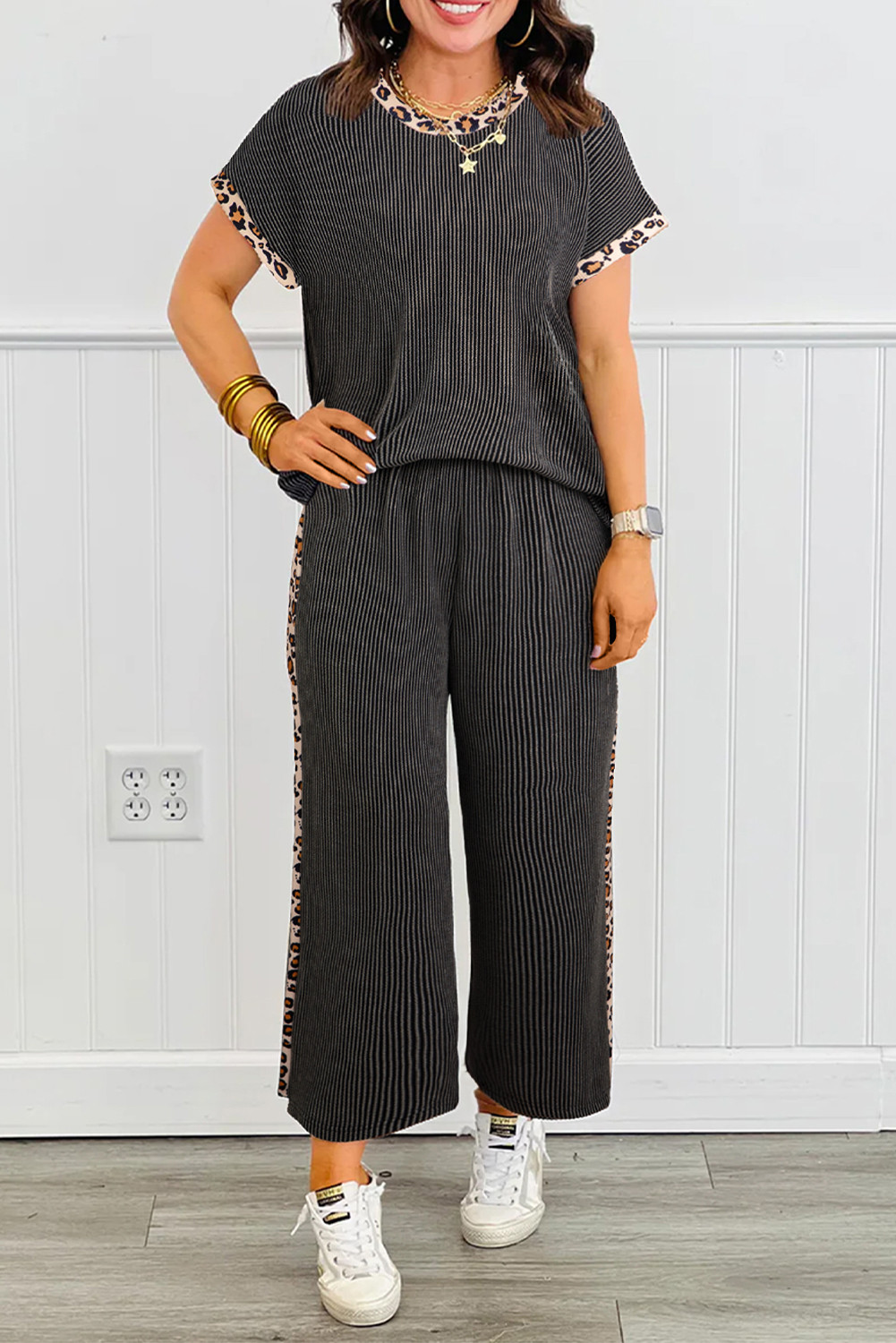 Carbon Grey Leopard Patchwork Trim Twisted Rib T Shirt and Cropped Pants Set