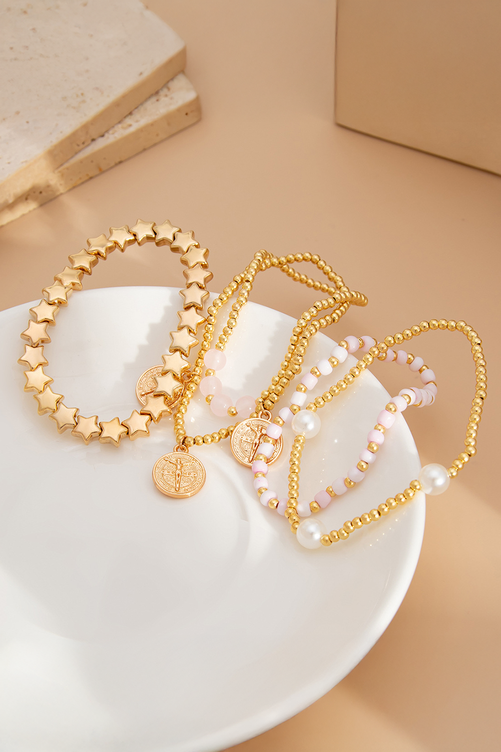Shewin Wholesale Distributor Gold Disk Pearl Star Beaded BRACELET Set