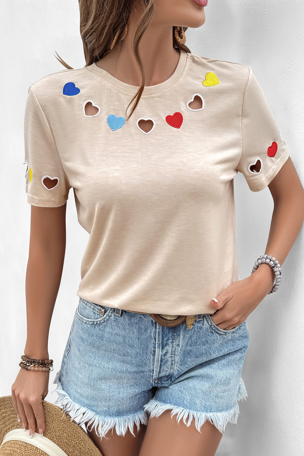 Parchment Heart Cutout Round Neck T Shirt