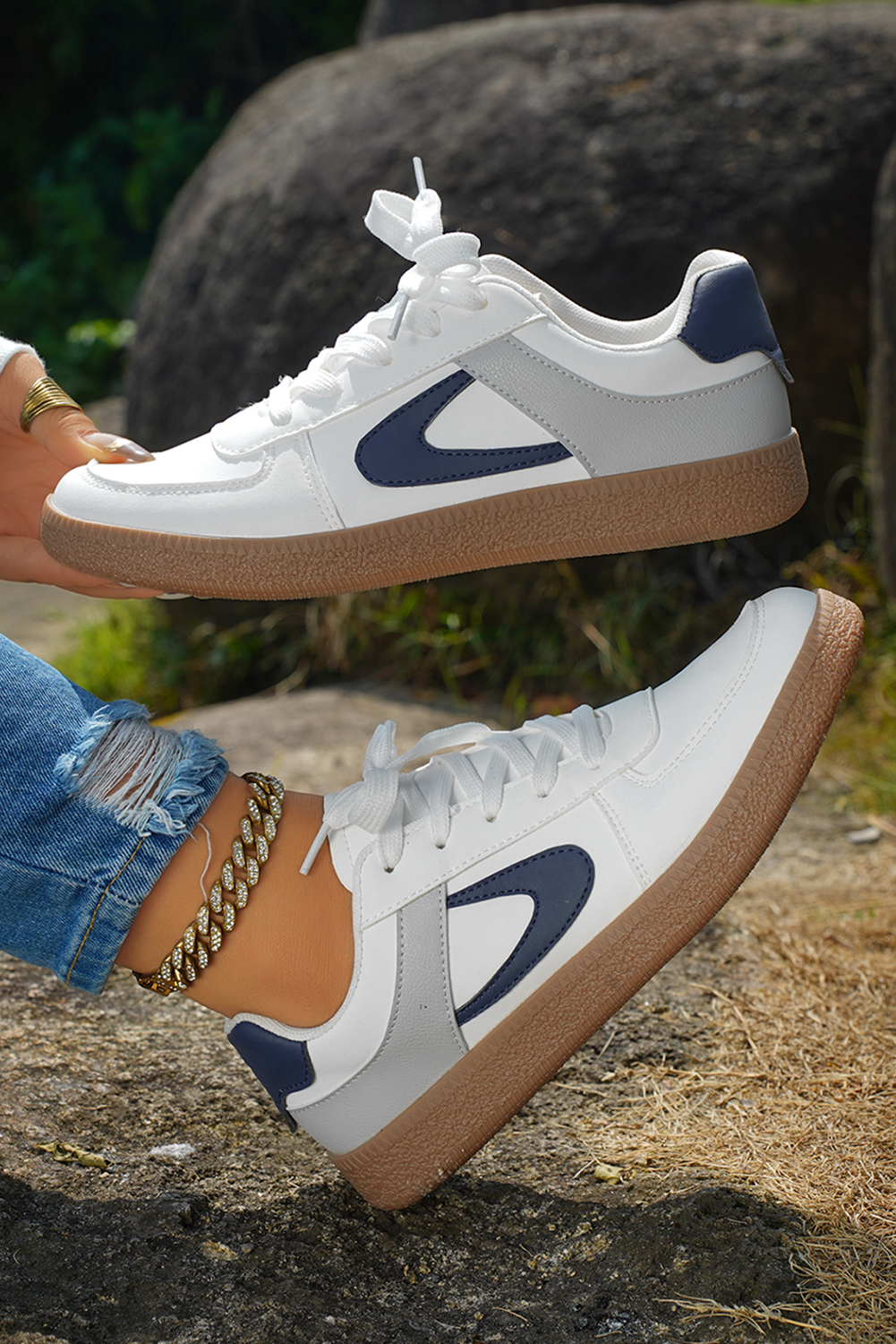 Shewin Wholesale Boutique Navy Blue PU LEATHER Lace Up Sneakers