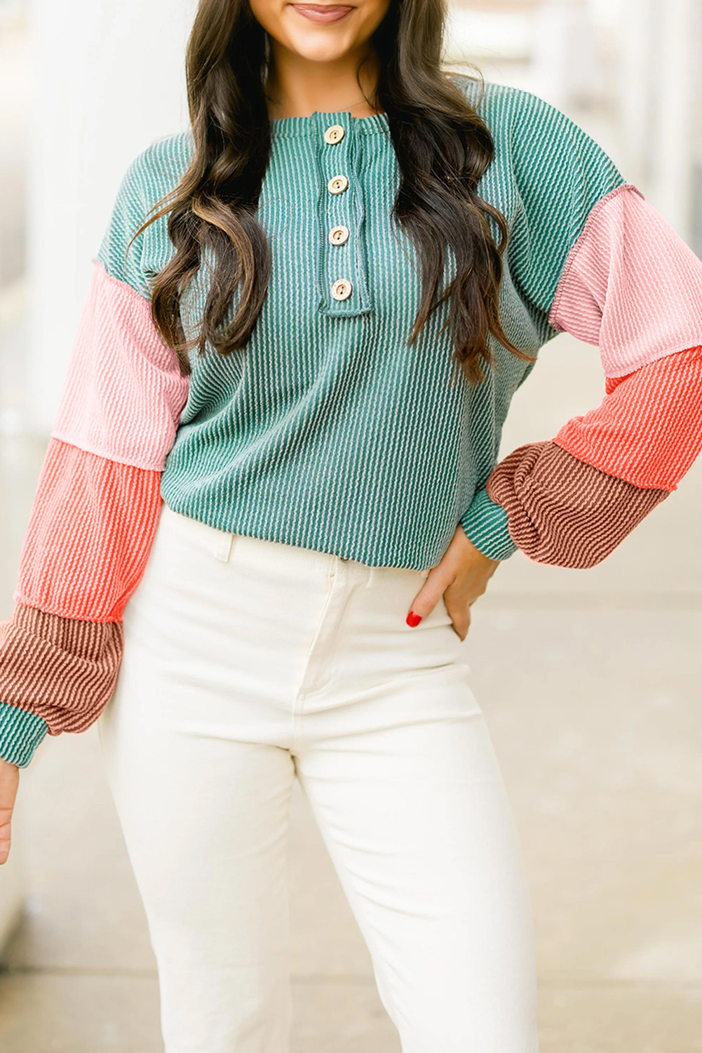 Multicolour Twisted Ribbed Colorblock Patchwork Henley Top