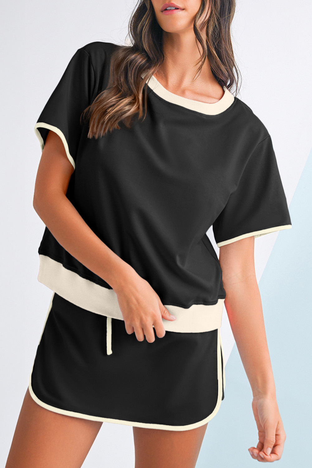 Black Colorblock Edge Drop Shoulder T Shirt and Skort Set