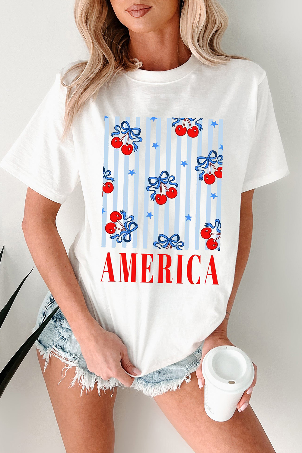 Shewin WholesAle Distributor White Bow Cherry AMERICA GrAphic Crewneck PAtriotic T Shirt