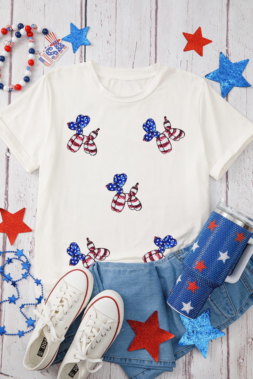 Shewin Wholesale Boutique White Patriotic Sequin BALLOON Puppy Graphic Crewneck Tee