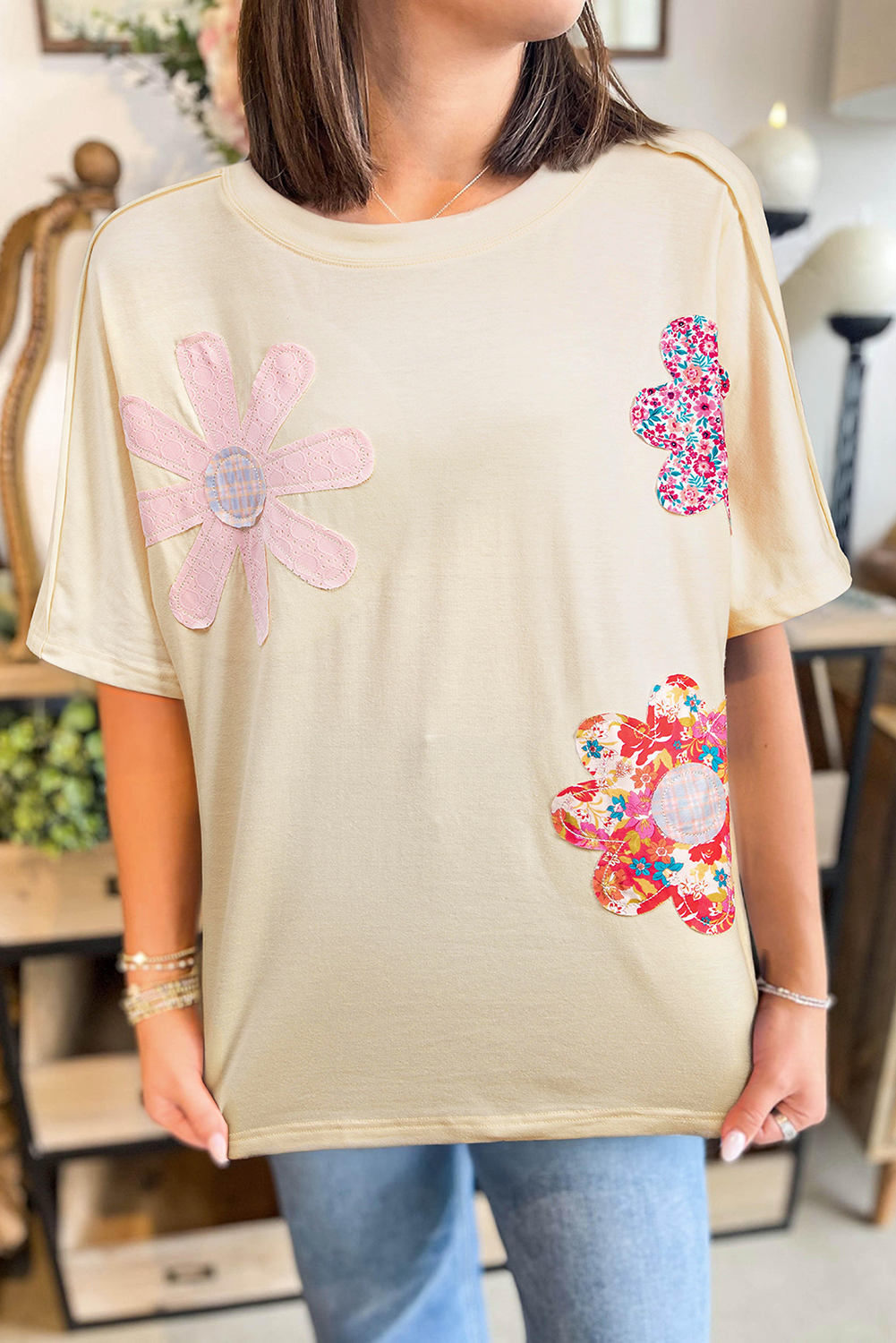 Shewin Wholesale Stores Apricot FLOWER Patched Exposed Stitching Trim Loose Tee