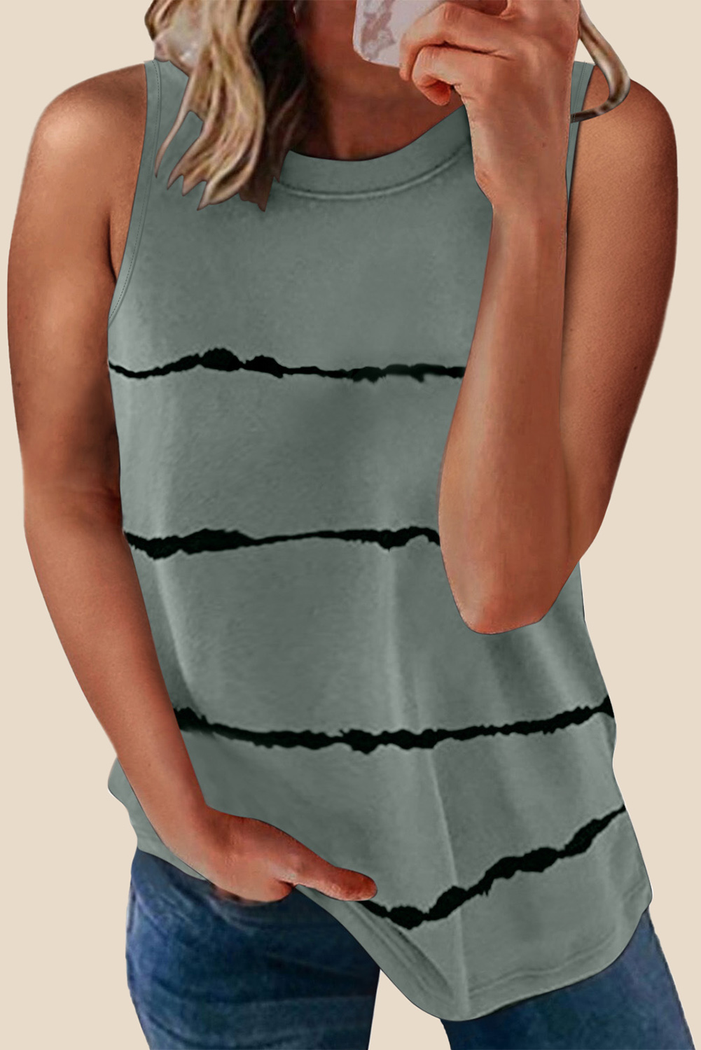 Shewin Wholesale Suppliers Gray Tie-dye Striped Print Round Neck TANK TOP