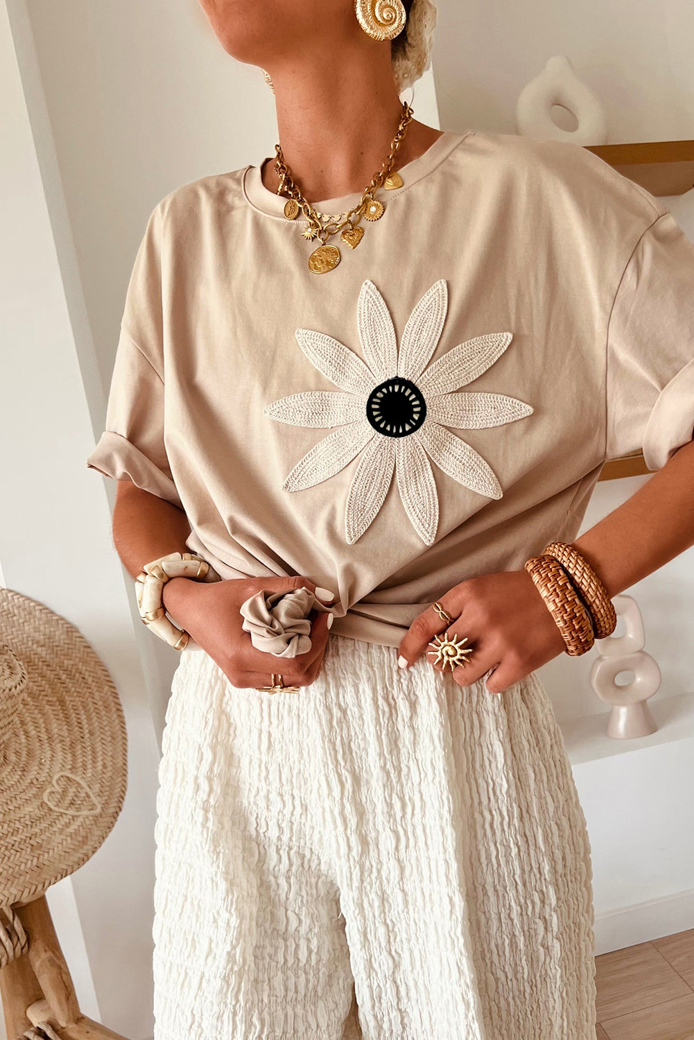 Oatmeal Crochet Floral Patched Drop Shoulder Loose Tee