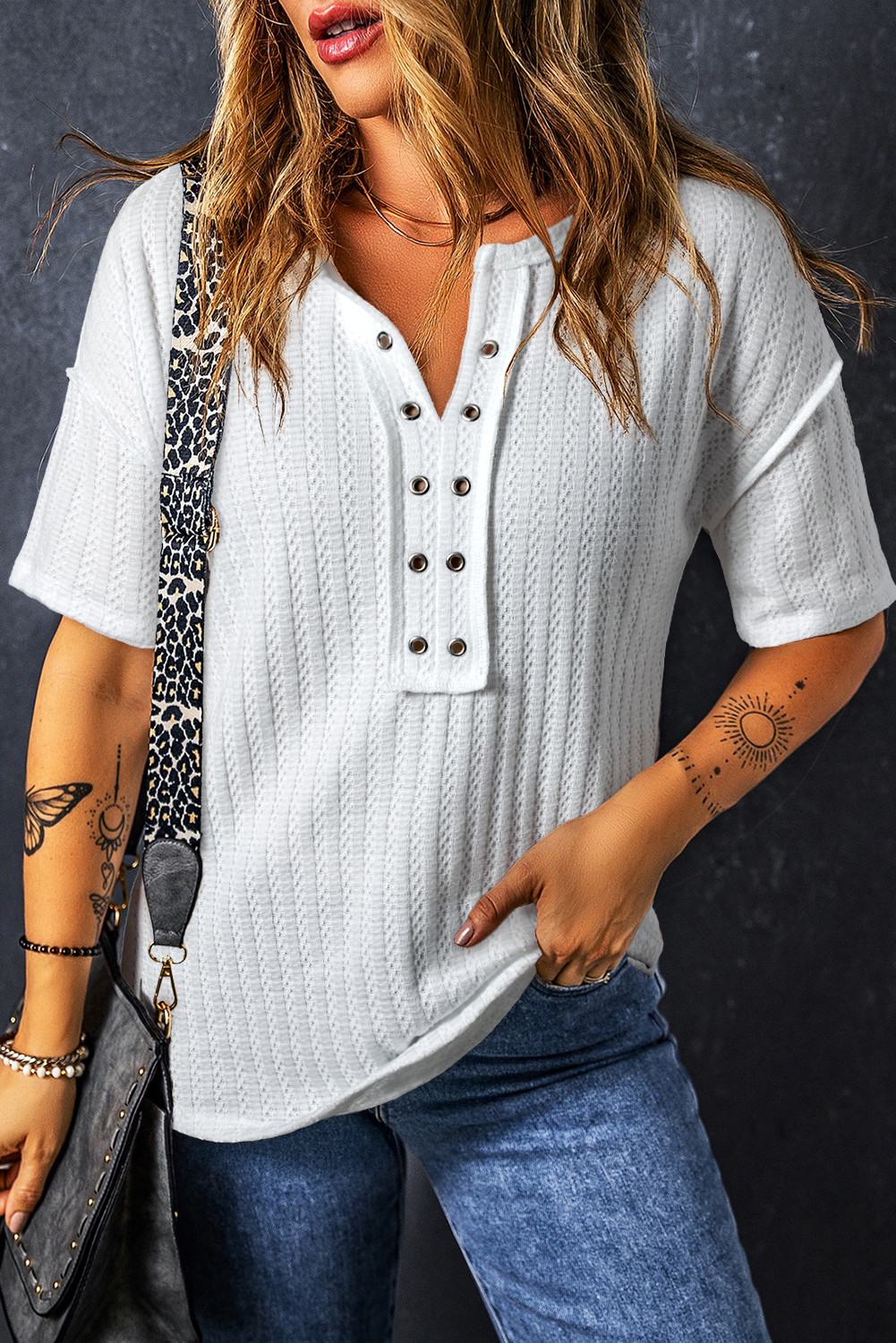 White Textured Split Neck Short Sleeve Top