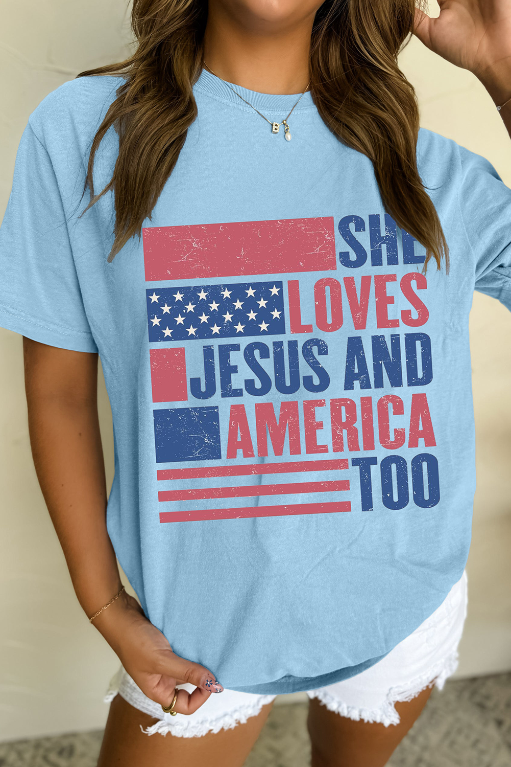 Shewin WholesAle High QuAlity Light Blue SHE LOVES JESUS AND AMERICA TOO PAtriotic T Shirt