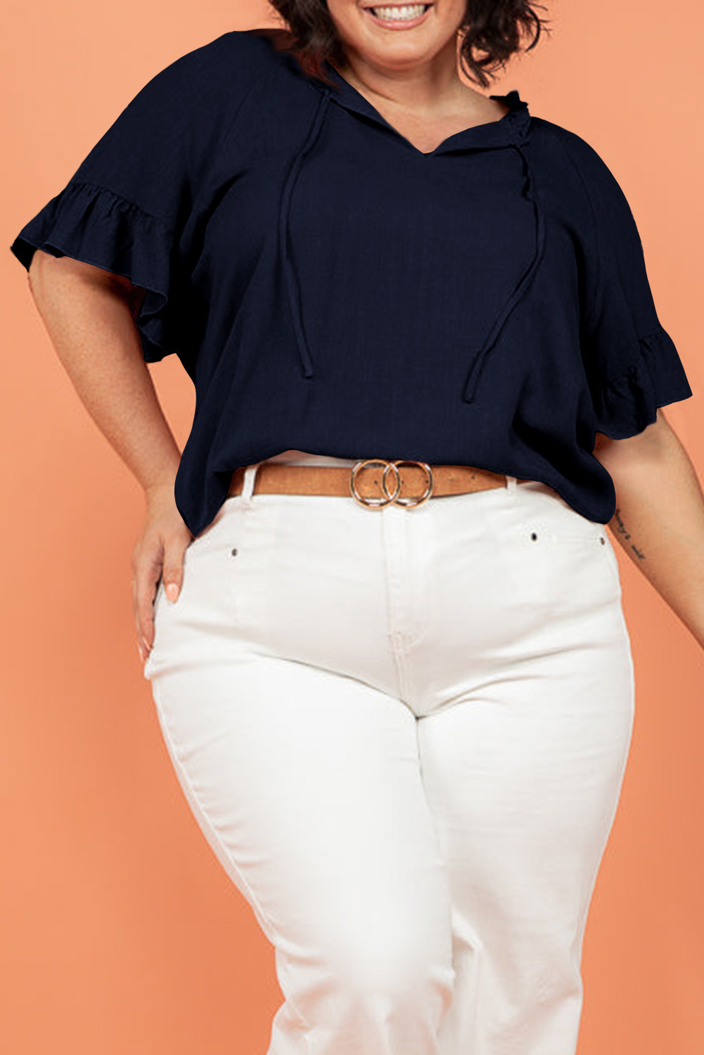 Blue PLus Size Ruffle Sleeve V Neck Top