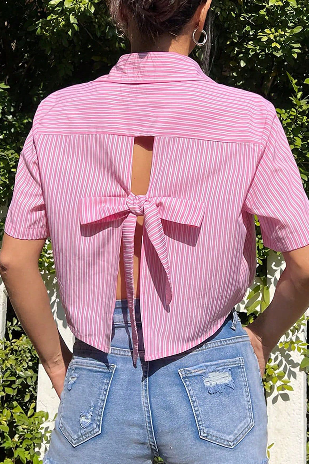 Shewin Wholesale Boutique Pink Stripe Bow TIE Back Cropped Shirt