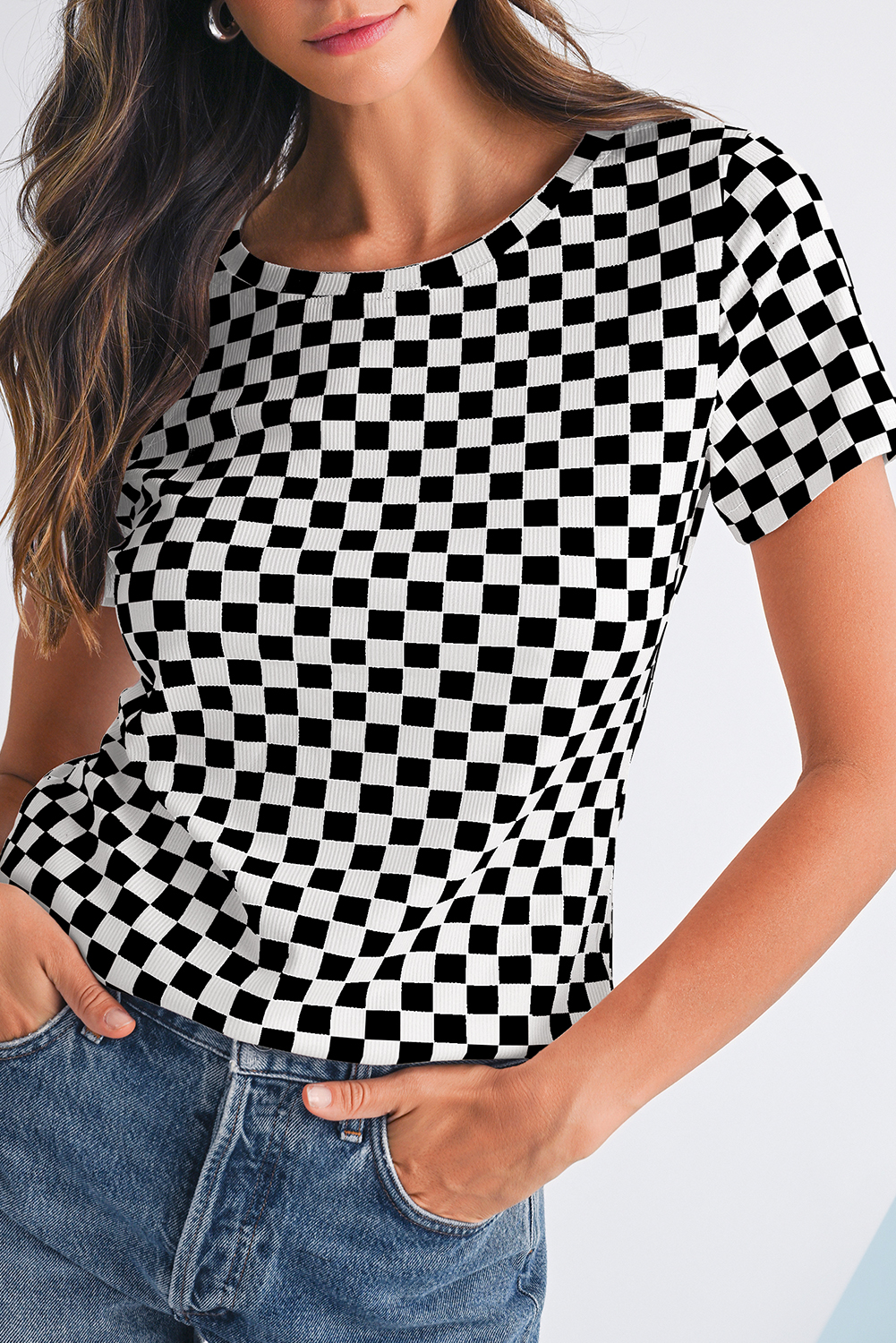 Shewin Dropship Black Checkered Ribbed Slim Fit Crew Neck T-SHIRT