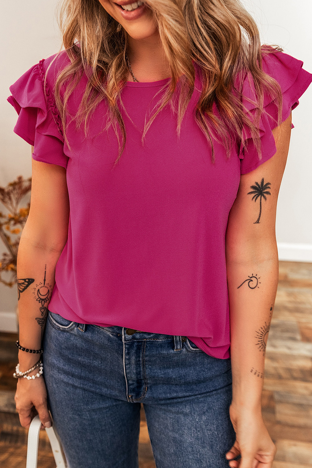 Rose Red Ruffle Layered Sleeve Round Neck Blouse
