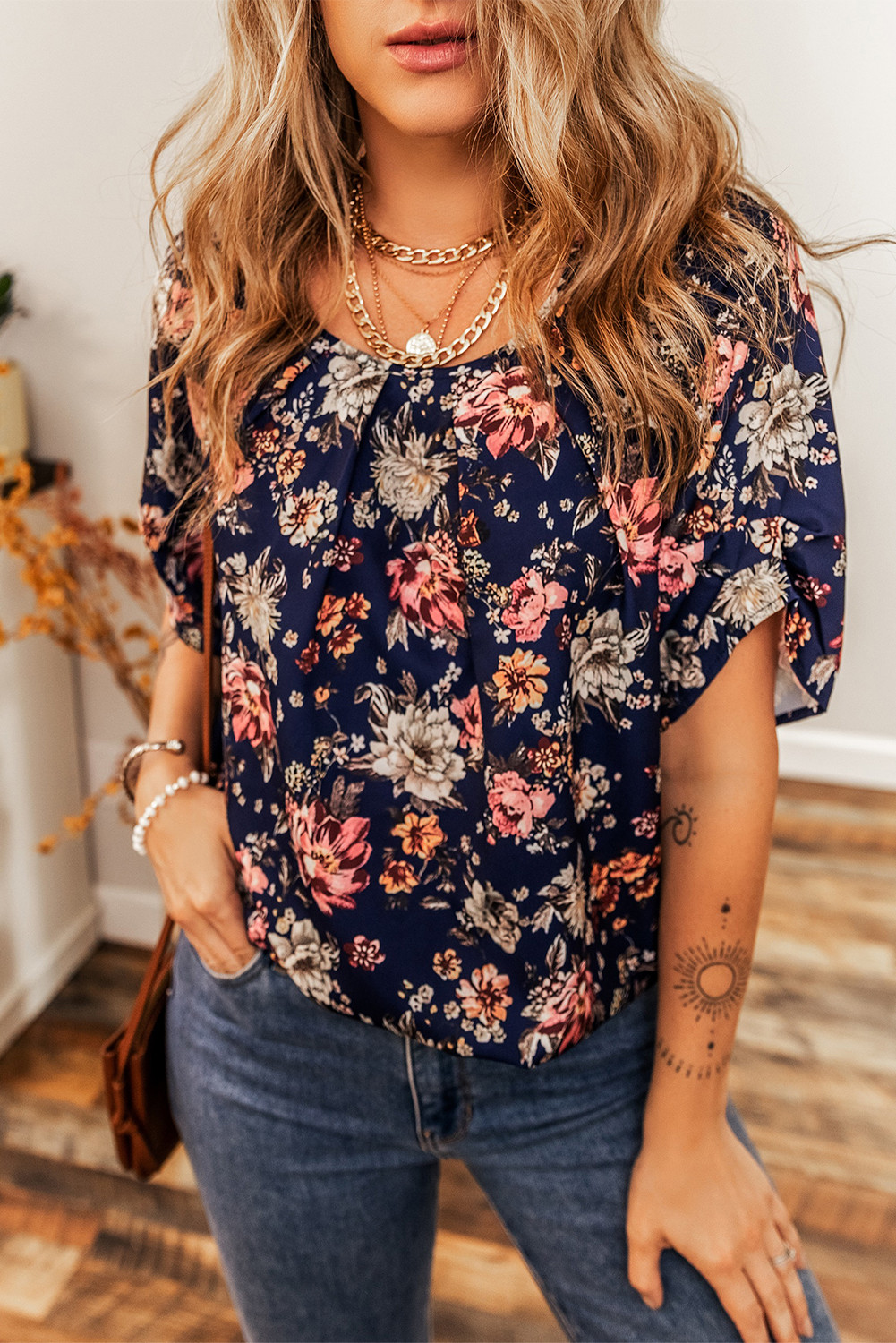 Blue Floral Print Flounce Sleeve Boho Blouse