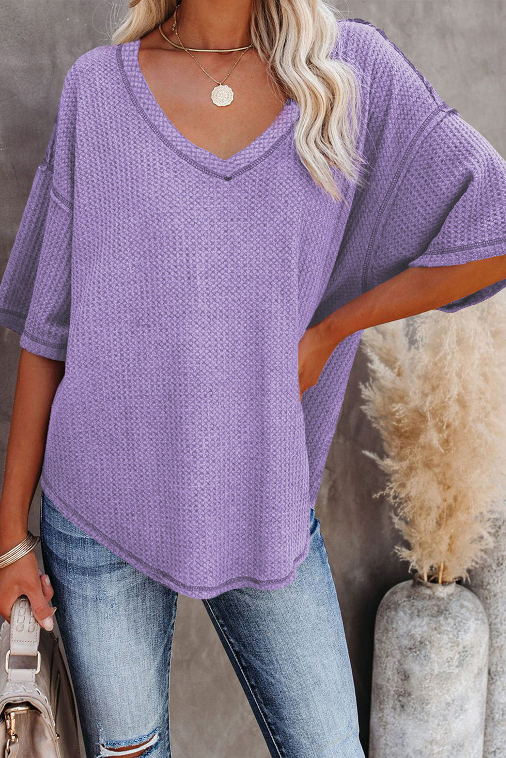 Purple Exposed Seam Drop Sleeve V Neck Waffle Textured Top