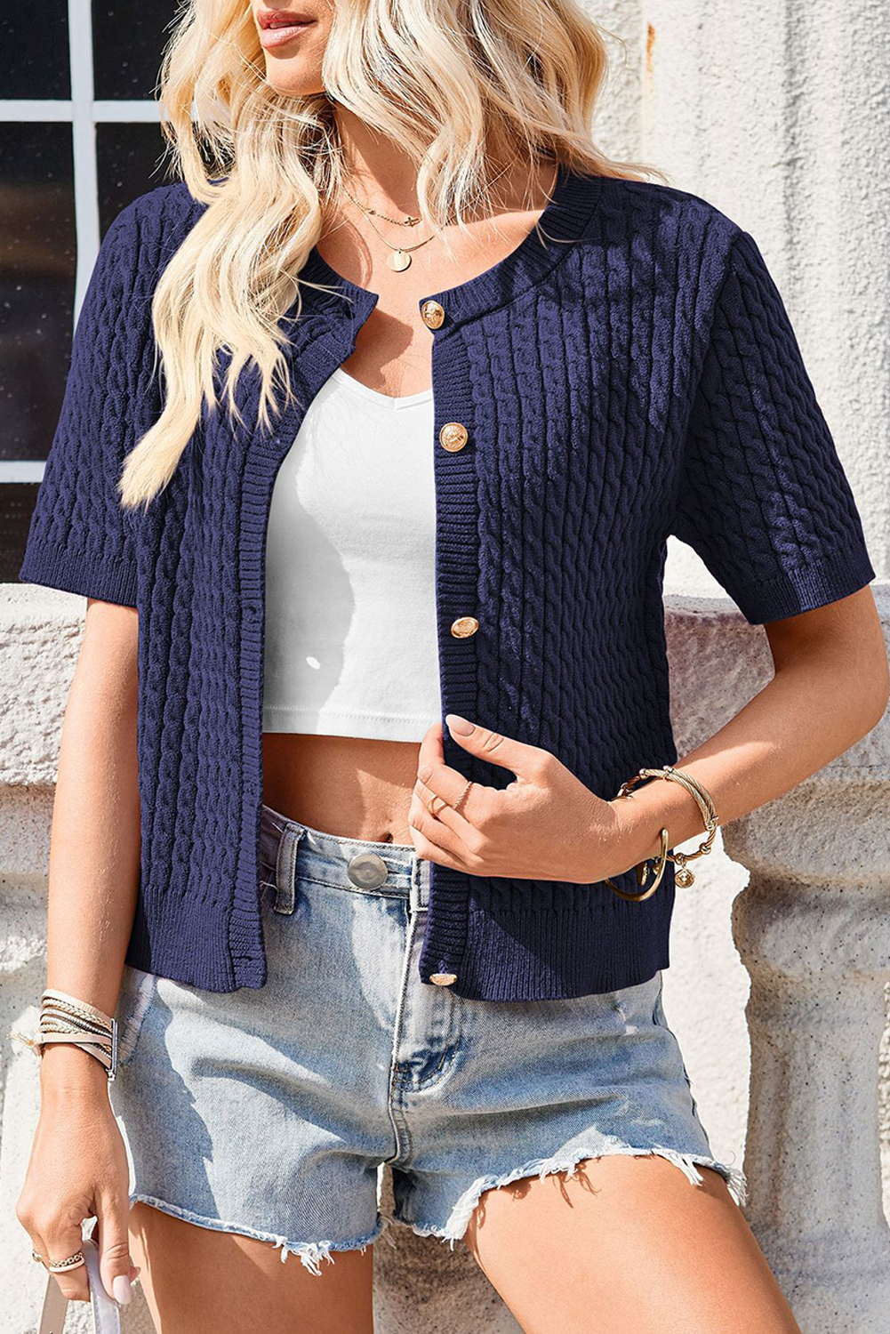 Shewin Wholesale Boutique Navy Blue Button Front Short Sleeve Knit Cardigan