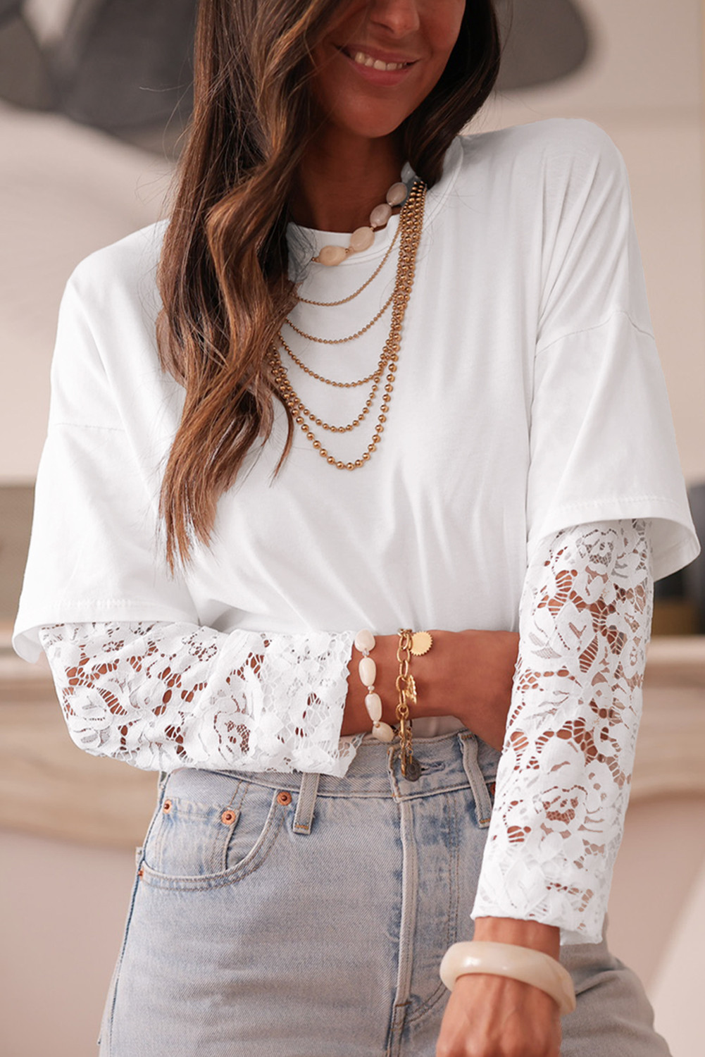 White Fake Two-Piece Lace Long Sleeve Drop Shoulder Tee