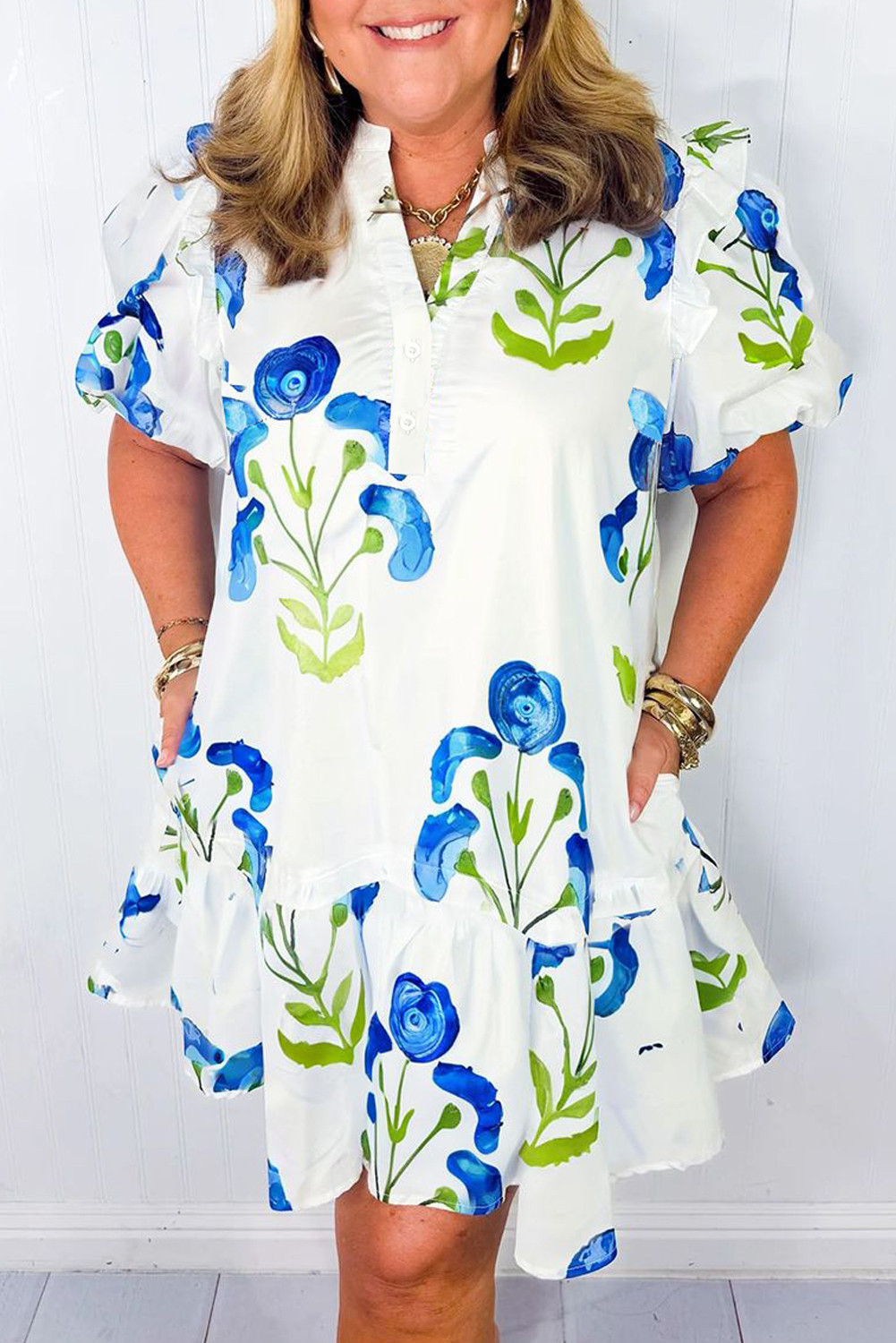Sky Blue Floral Print Bubble Sleeve Plus Size Ruffle Hem Mini Dress