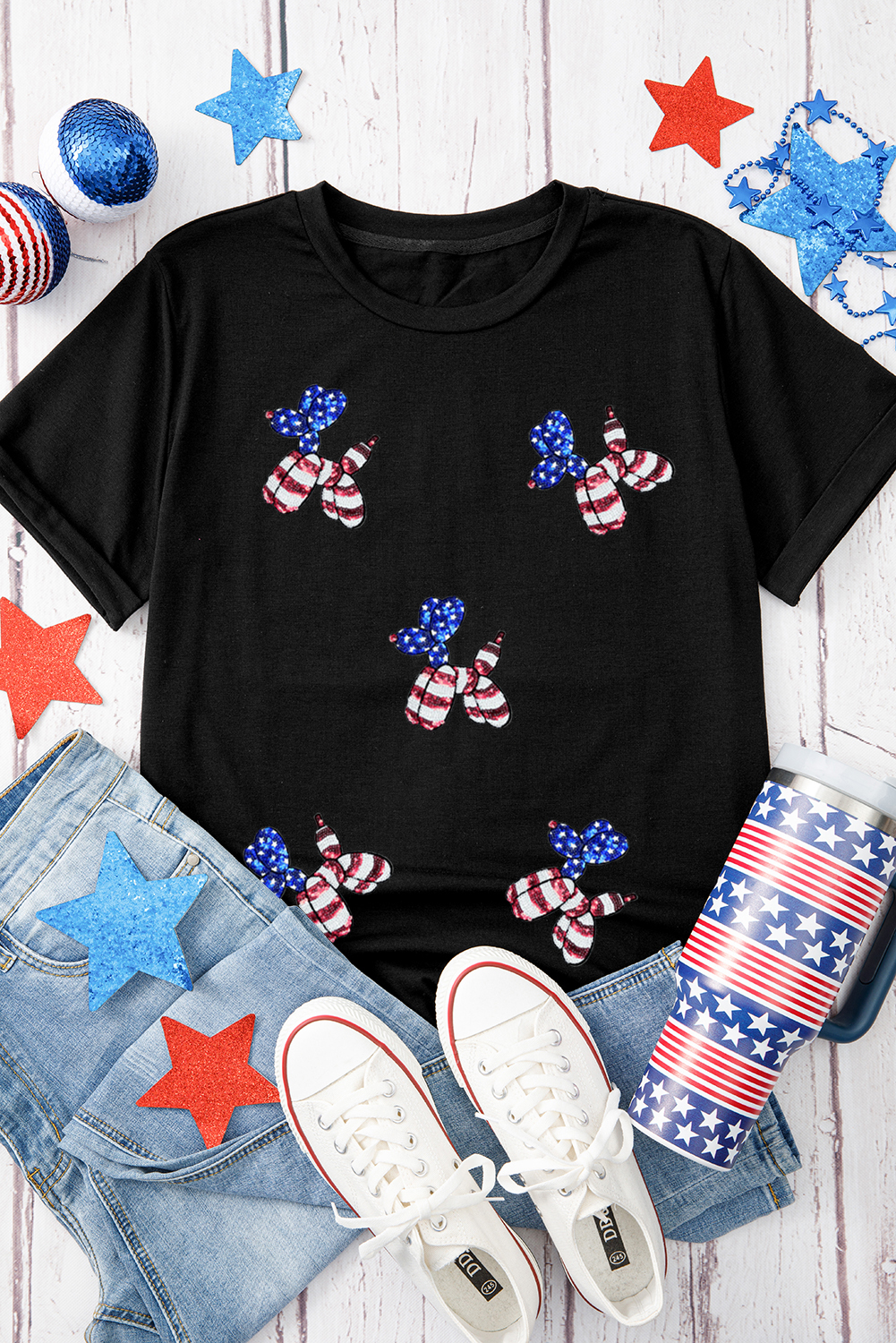 Shewin Wholesale Boutique Black Patriotic Sequin BALLOON Puppy Graphic Crewneck Tee