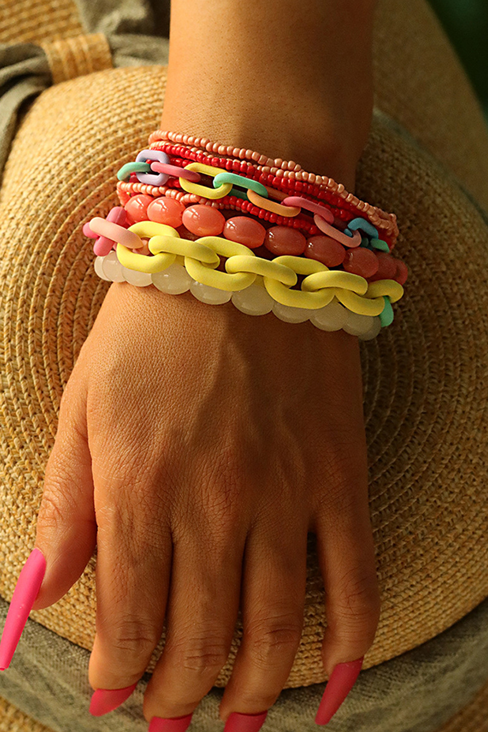 Shewin Wholesale Stores Pink Acrylic Chain and Beaded BRACELET Set