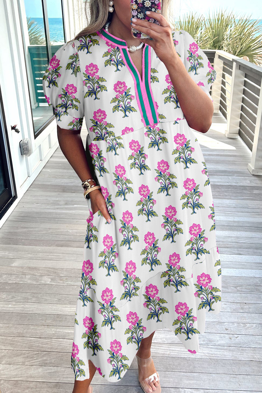 White Allover Floral Print Pop of Color Neckline Puff Sleeve Plus Size Dress
