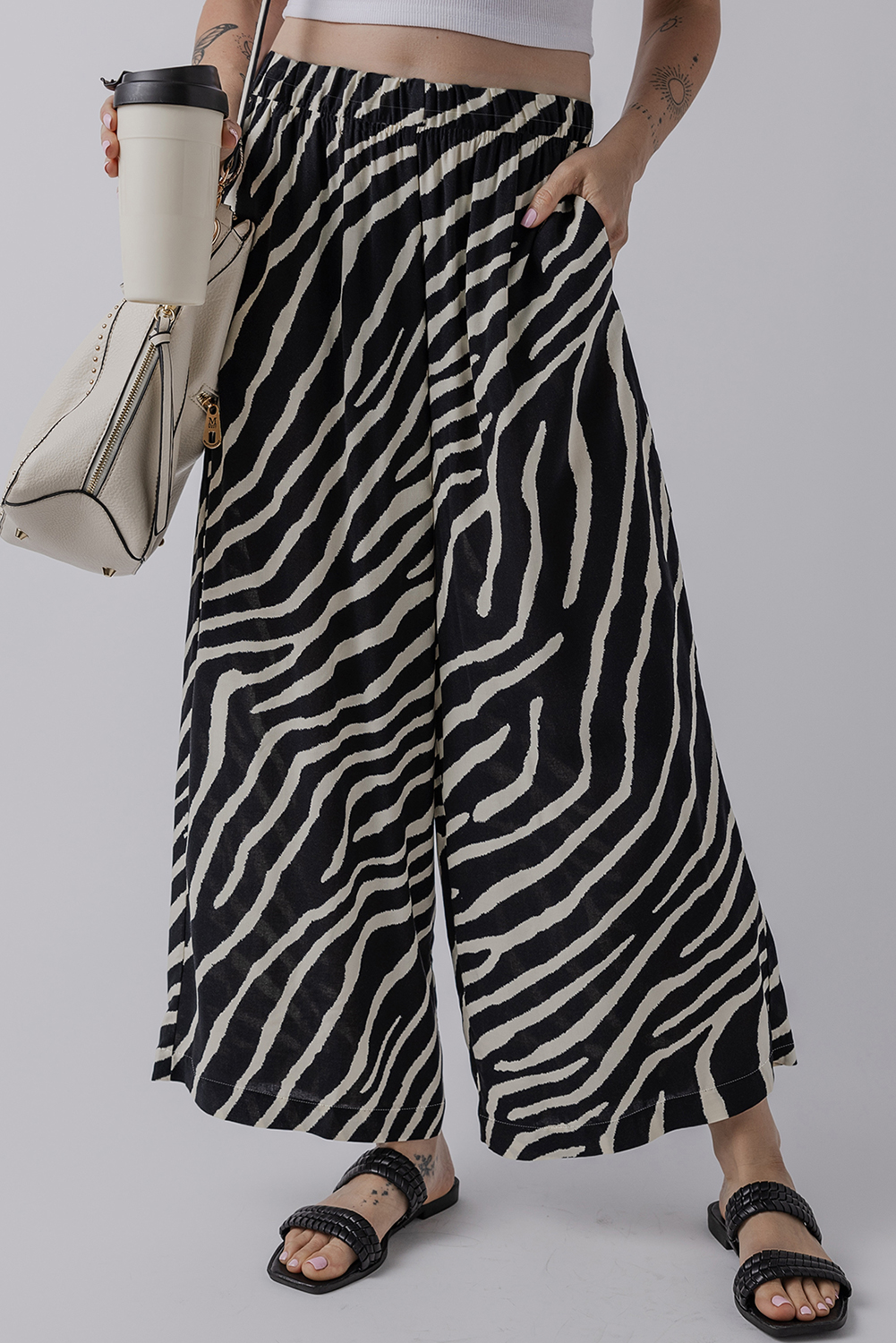 Shewin Wholesale Boutique Black Zebra Striped Summer Wide Leg PANTS